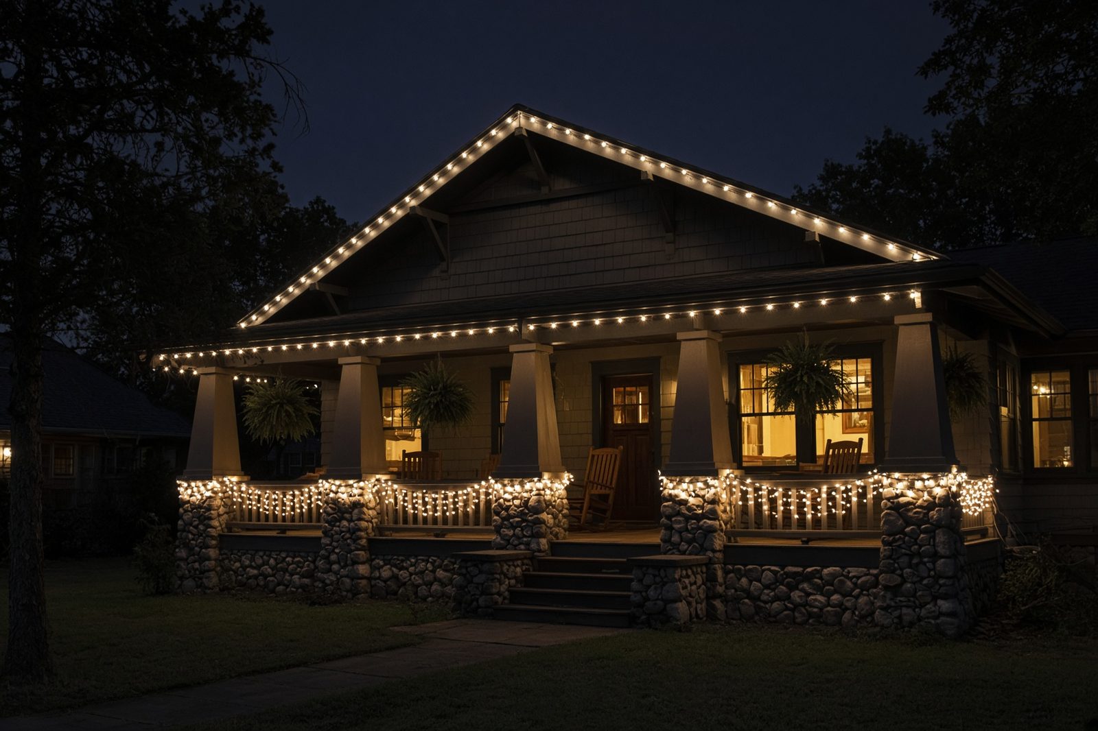 Craftsman bungalow with C9 lighting on the gable and porch