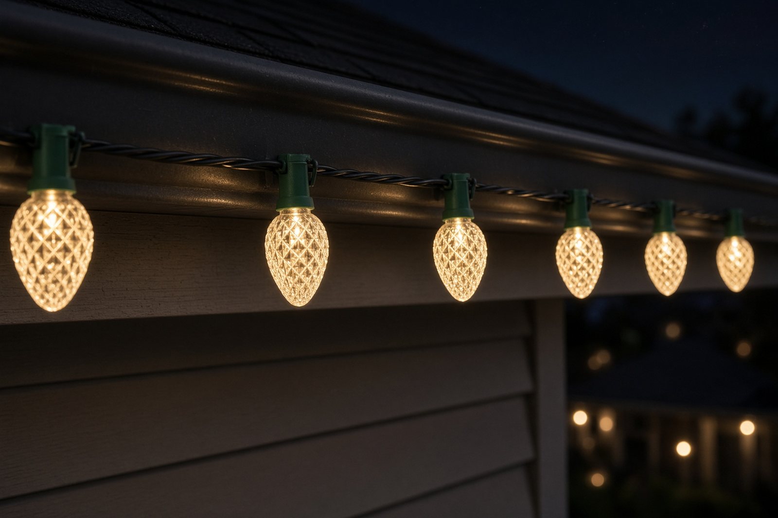 Real C9 LED bulbs on outdoor wire along a house gutter