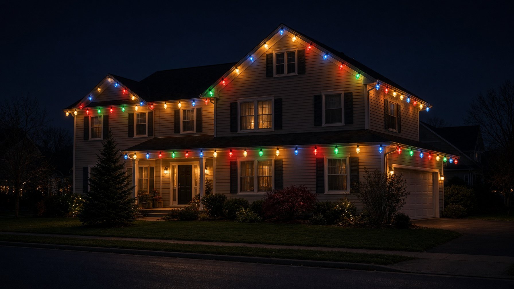 Two-story home with traditional multicolor C9 bulbs along the roofline