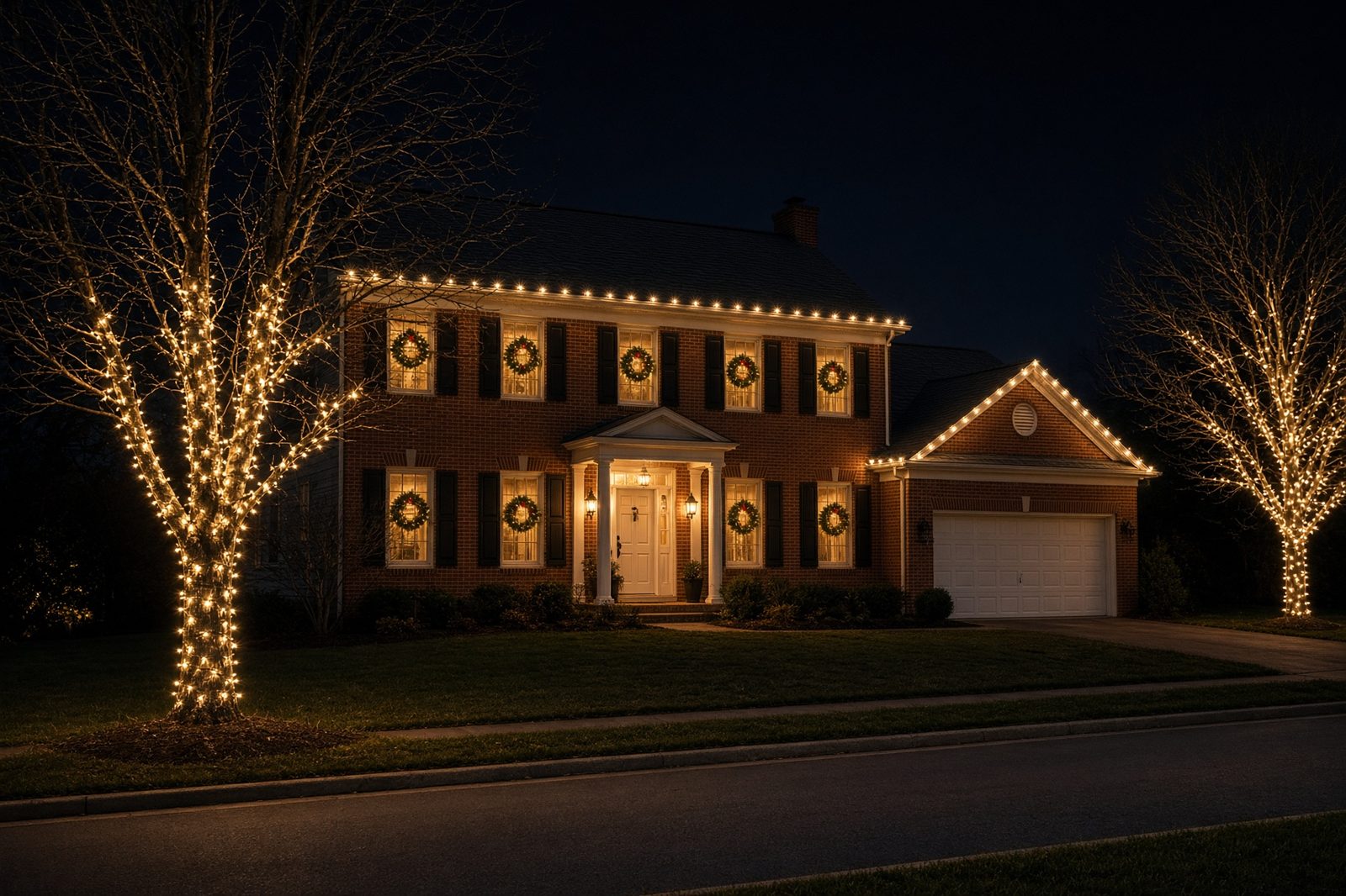 Brick home with classic C9 roofline lighting