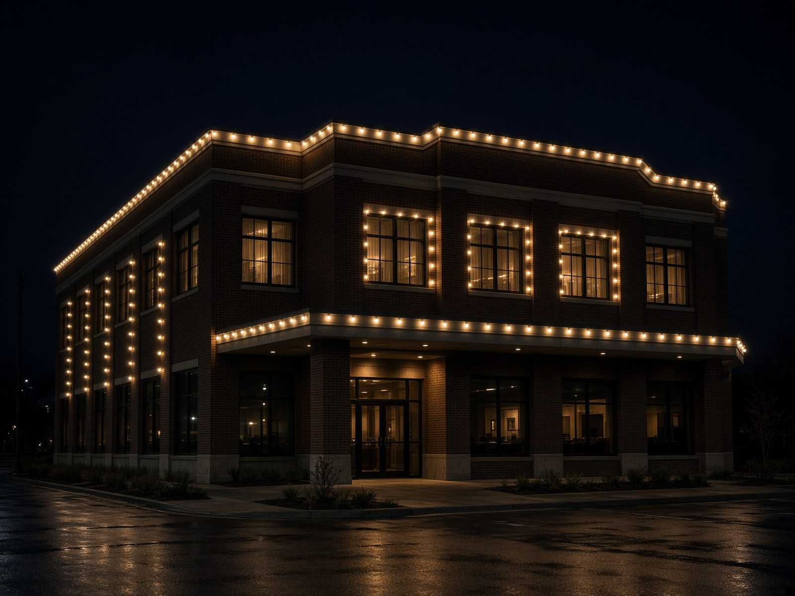 Commercial brick building with C9 lights along the parapet and canopy