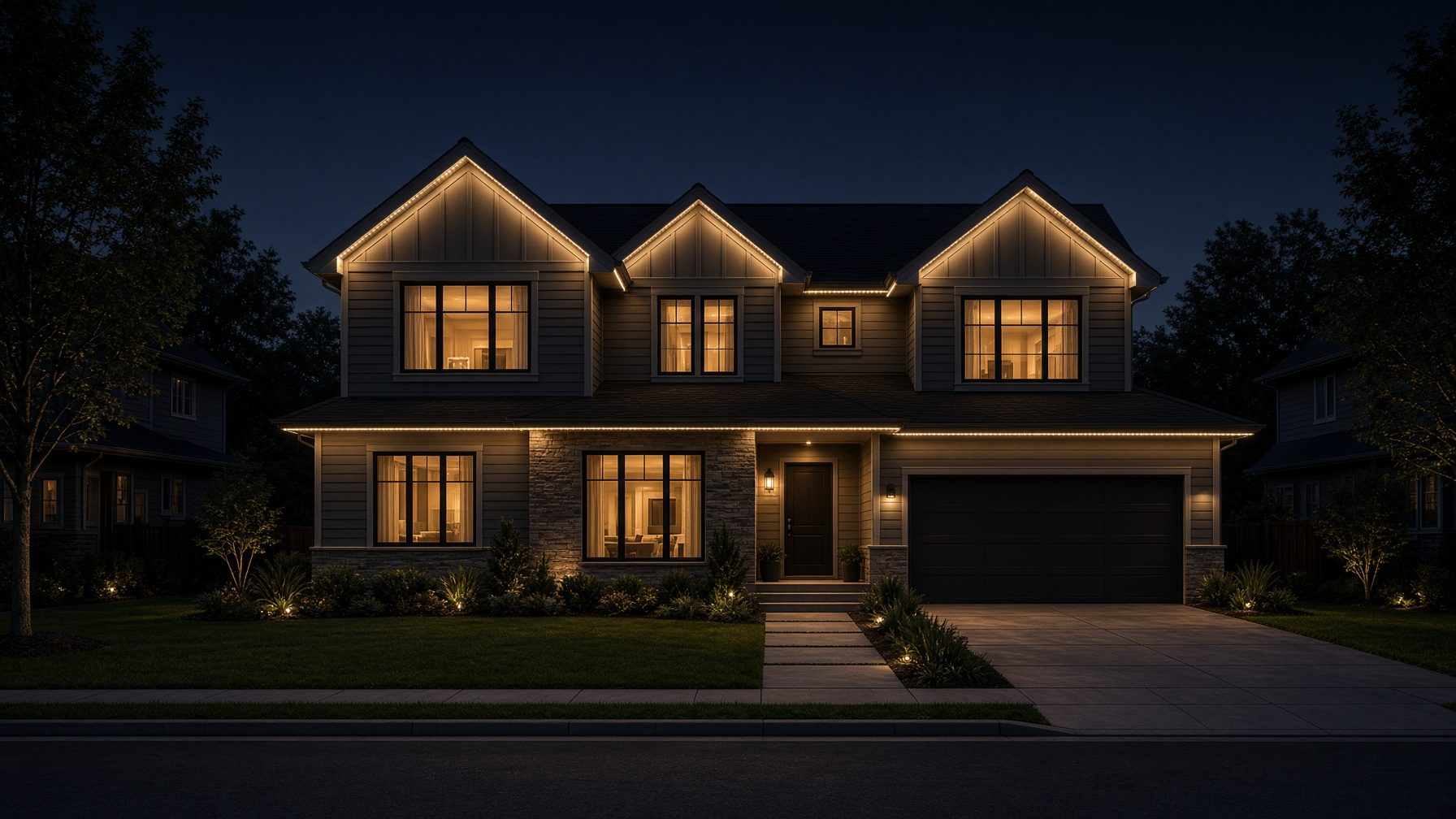 Two-story home with permanent Govee-style linear lighting along every eave